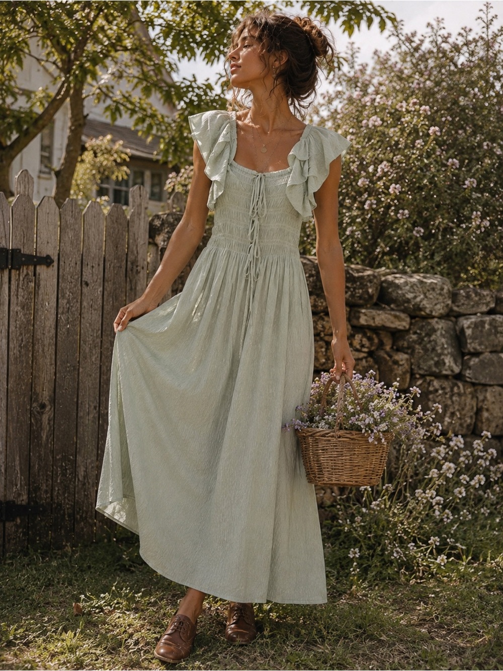 Romantic Boho Mint Green Smocked Ruffle Maxi Dress Tie Front Small